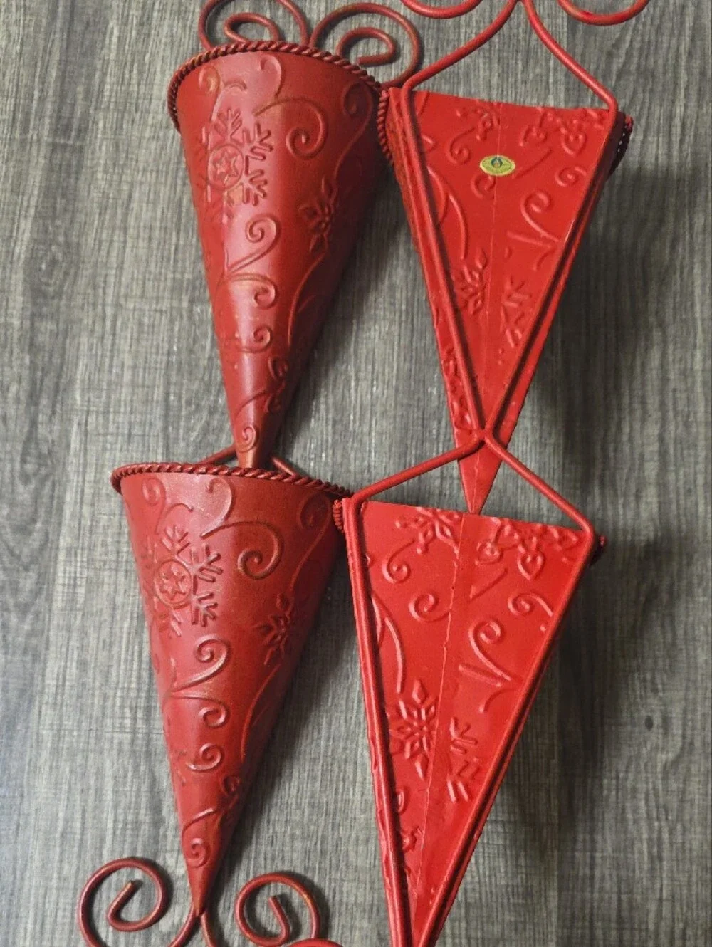 Vintage Set Of Two Decorative Red Embossed Metal Wall Sconces